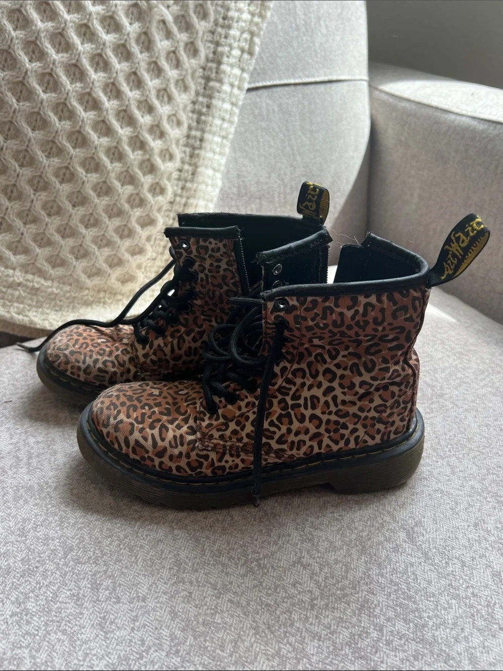 Dr. Martens Kids Leopard Combat Boots in Brown and Black